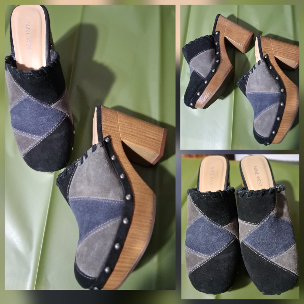 🔥Y2K Nine West SUEDE Black Gray Block Heel Mules Size 6 EUC & FREE GIFT